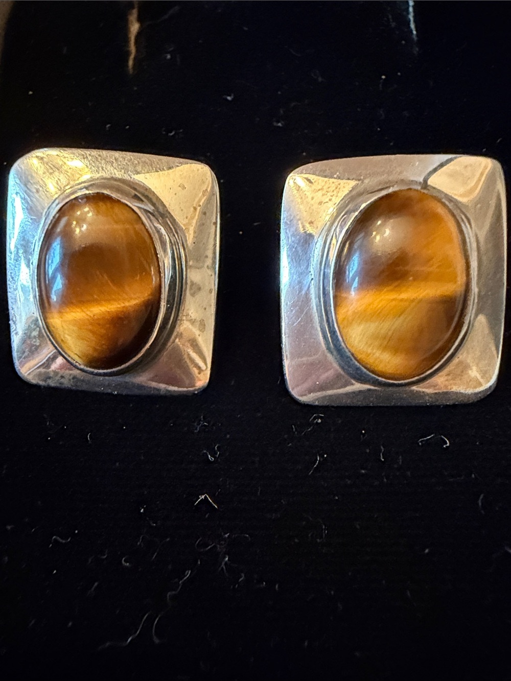 Taxco Sterling Silver Tiger Eye Square Stud Earrings - Honey Brown